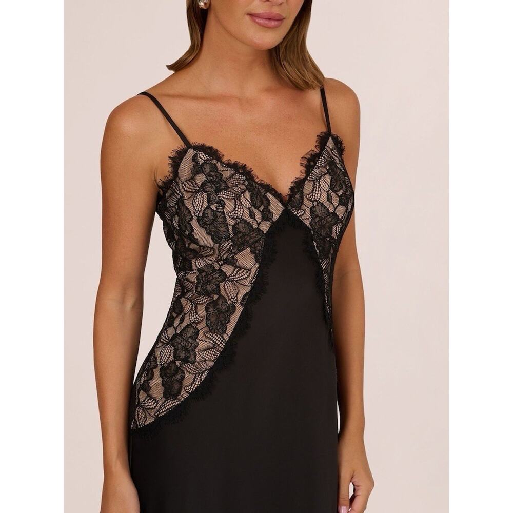 NWT Adrianna Papell Black Stretch Satin Lace Maxi Slip Gown Dress US 12 - Picture 2 of 12